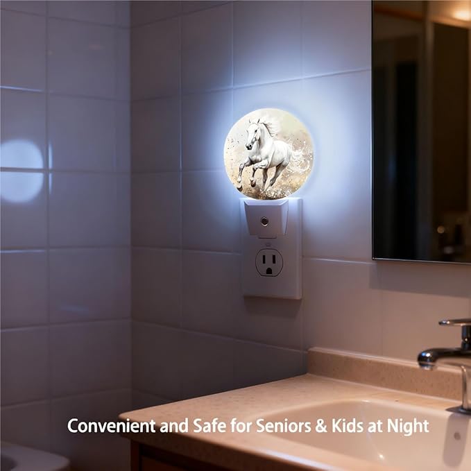 Plug-in Galloping White Horse Night Light Running Horse Night Lights Plug into Wall with Auto on/Off Sensor, 0.5W LED Nightlight for Bedroom Bathroom Kitchen Hallway
