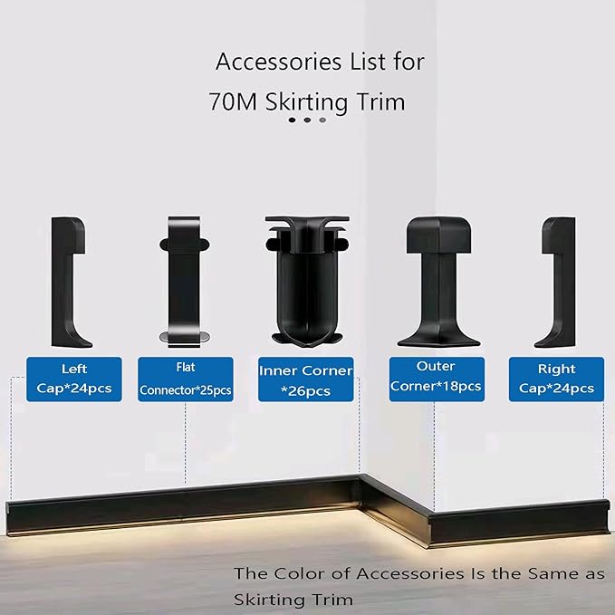 LED Aluminium Metal Baseboard Trim, Matte Black 28Pcs 65mm x 2500mm 2.56" x 8.2' Total 229.7 ft LED Light Aluminum Wall Base Board Cover Molding Skirting Trim, Embedded Installation Downlight