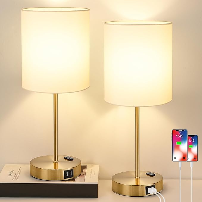 Lynnoland Set of 2 Touch Control Table Bedside Lamps with 2 USB & AC Outlet, 3-Way Dimmable Bedside Nightstand Lamps for Bedroom Living Room Nursery, 800 Lumens 3000K Warmlight Bulbs Included