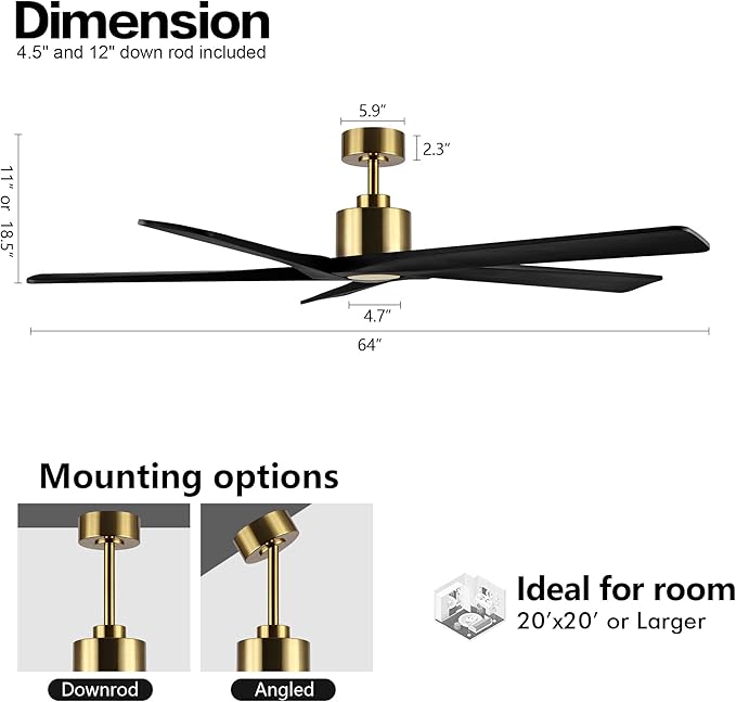 WINGBO 64 Inch DC Ceiling Fan without Lights, 5 Reversible Carved Solid Wood Blades, 6-Speed Noiseless DC Motor, Ceiling Fan No Light with Remote, Brass Finish with Black Blades, ETL Listed