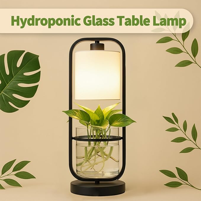 Hydroponic Planter Lamp with Grow Light, Modern Glass Light for Indoor Plants, LED Lamps, Home Office Decor, Gift for Plant Lovers (White)