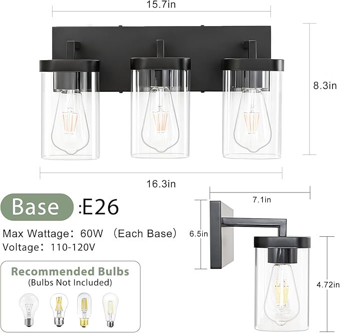 3-Light Bathroom Lighting Fixtures over Mirror, Matte Black Vanity Lights with Square Transparent Glass Shade. Modern Bathroom Vanity Light for Mirror Kitchen, Living Room, Gallery, Hallway