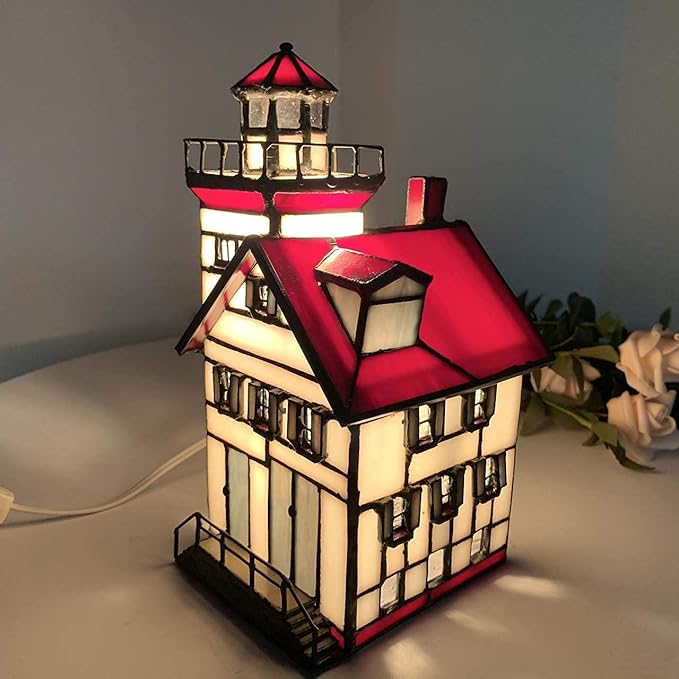 Bieye L10778 Lorain Lighthouse Tiffany Style Stained Glass Accent Table Lamp Night Light for Home Decoration (4x5x9, Red)