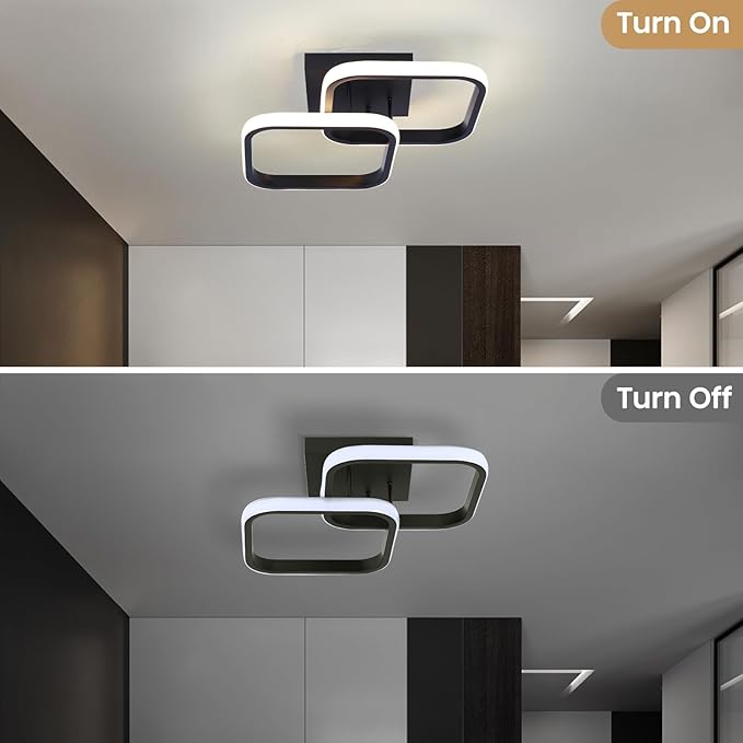 CANEOE Led Hallway Ceiling Light Fixtures, Square Modern Lamp, 6000K Chrome Finish Indoor Lighting Fixture for Living Room Bedroom Kitchen Bathroom Lights (Black, 2 Packs)