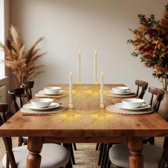 Flameless LED Taper Candles with Diamond Base Light - Hexagon Glass Holder, Remote Timer 2AA Battery Operated 500+ Hours for Thanksgiving/Xmas Decor, Wedding Centerpiece (Ivory, 6 Pack)