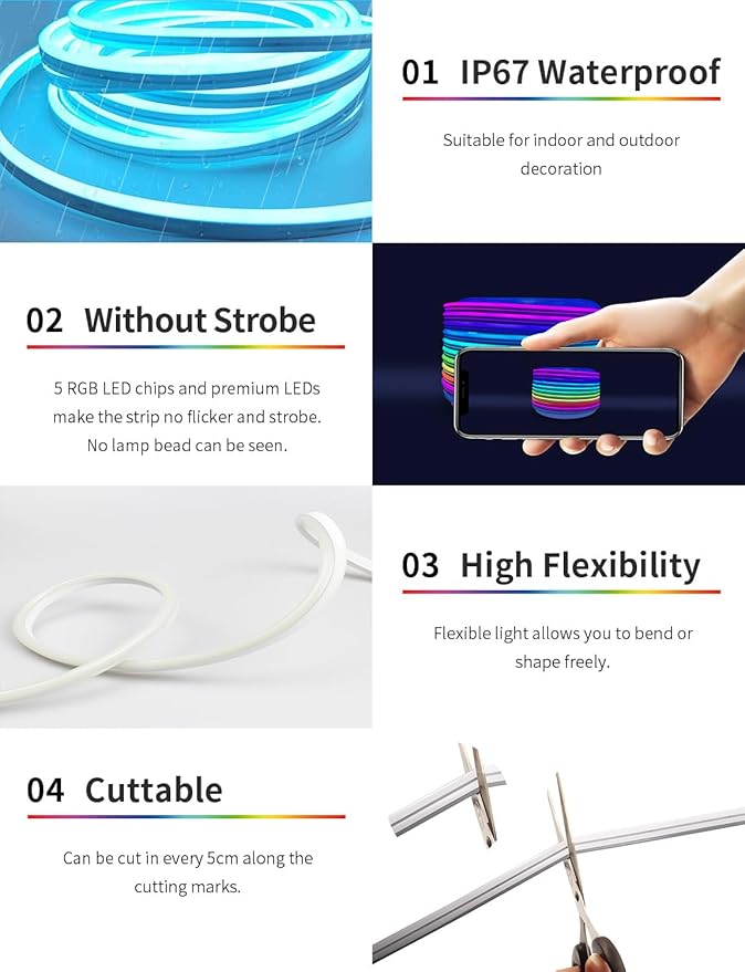 26FT LED Neon Rope Lights, BUNACET RGB Strips Light with RF Remote & APP Control,Flexible IP65 Waterproof Outdoor, Music Sync,DIY Design,24V LED Strip Lights for Gaming Livingroom Wall Christmas Decor