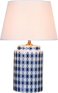 Radiya Modern Ginger Jar Ceramic Blue and White Bedside Table Lamp, American Minimalist Bedroom Lighting Decor Desk Lamp, with Linen Fabric Lampshade, for Living Room Home Office Desk Bedside Table