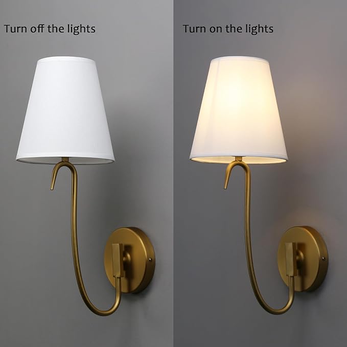 PERMO Antique Wall Sconce with White Fabric Shade, E26 Hardwired Wall Light, Goose-Neck Design for Bedroom, Living Room, Hallway