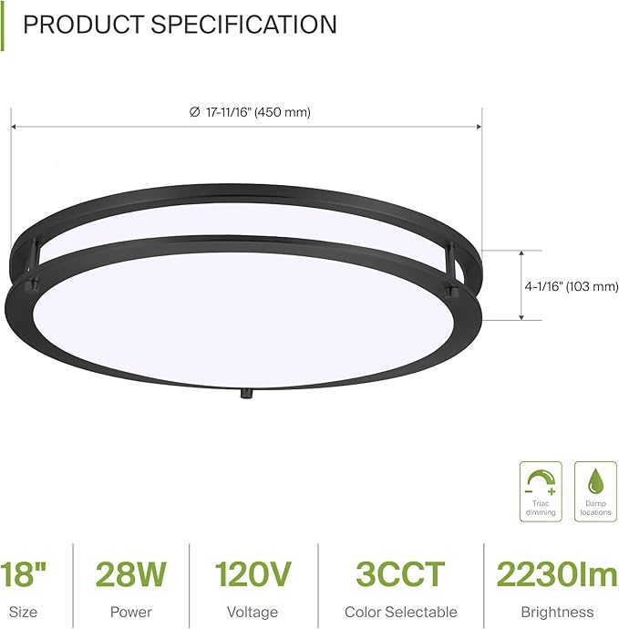 ASD LED 18" Round Flush Mount Lighting, Close to Ceiling Light Fixture | 3CCT, Dimmable, Energy Star, ETL Listed | 28W 2250LM 3000-5000K 120V | Low Profile Double Ring Lamp | Dark Bronze, 2 Pack