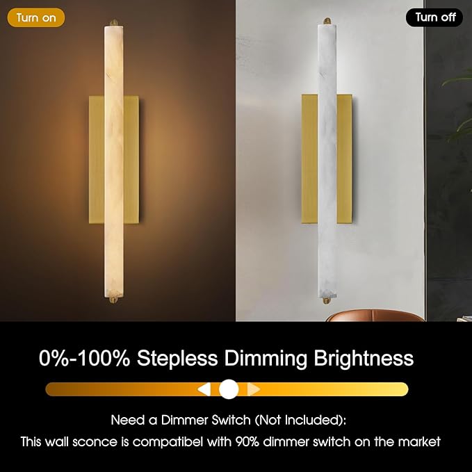 Alabaster Wall Sconce, 25" Natural Marble Wall Sconce, Gold Alabaster Single Sconces, Brass Modern Bathroom Sconces, Indoor Wall Lighting for Living Room, Bedroom, Hallway, Staircase