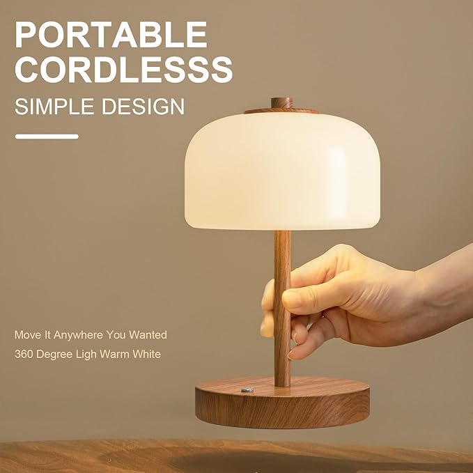Oneach 9" Cordless Table Lamps Set of 2, Wood Grain Rechargeable Battery Operated Lamp, 3-Way Stepless Dimming Touch Lamps, Small Glass Bedside Nightstand Light for Bedroom Living Room Shelf Decor