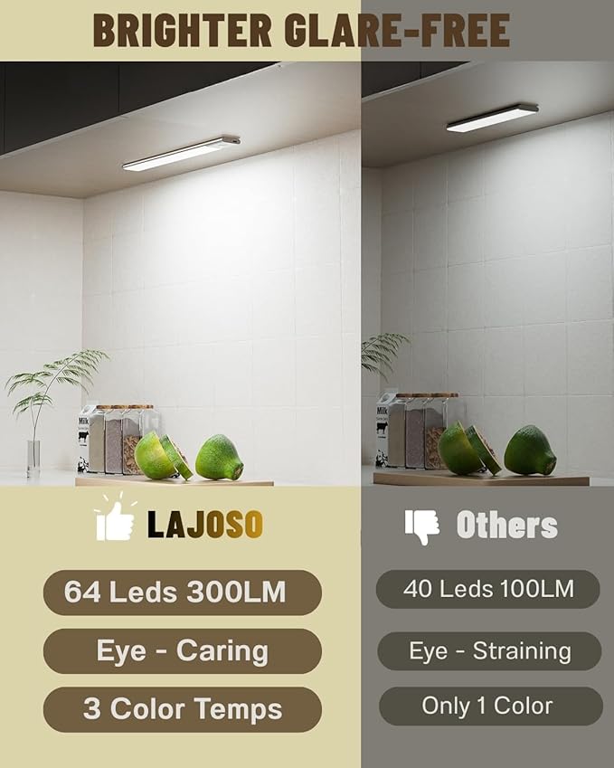 12in Under Cabinet Lighting Wireless, 300LM Led Light for Closet Lights Motion Sensored, USB - C Rechargeable Under Cabinet Lights with Remote, Magnetic Light Bar Kitchen, 3 Colors, 3 Pack