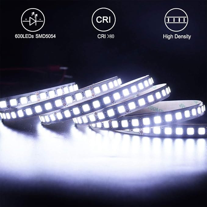 LED Light Strip, 16.4ft 600 Units SMD 5054 LEDs(5050 Upgraded), 16000LM Cold White 6500K 12V DC Waterproof IP65 Light Strips, LED Ribbon, DIY Christmas Home Kitchen Indoor Party Decoration