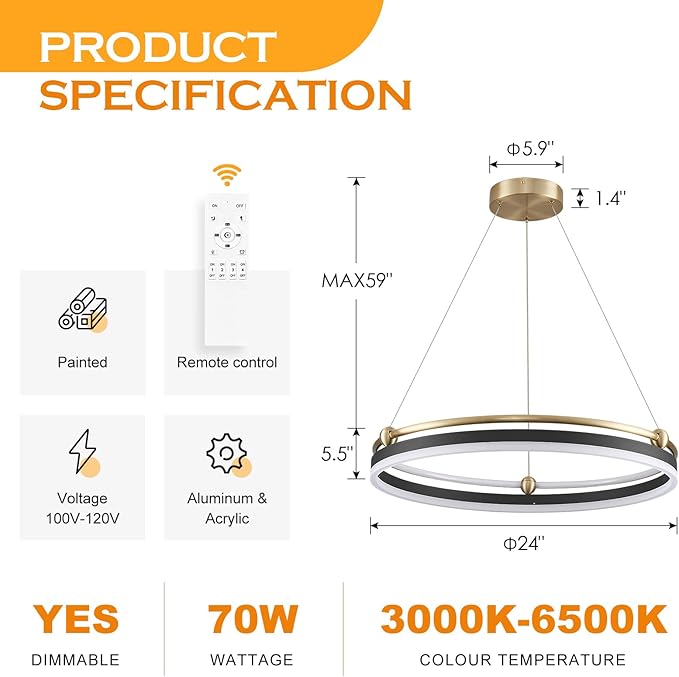 Modern LED Pendant Light 23.6" Black Gold Dimmable Circular LED Chandelier 1 Ring with Remote, Round Hanging Light for Kitchen Island Dining Room Living Room Foyer Entryway, 2-Ring Lighting