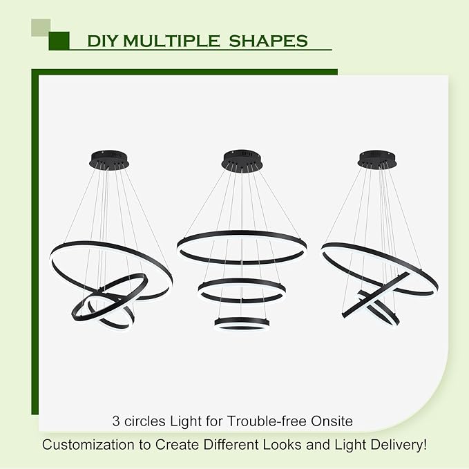 3-Rings D23.6 Modern LED Chandelier Black Dimmable Pendant Lighting with Remote Control Circular Flush Mount High Ceiling Light for Dining Room Living Room Bedroom Entrance Foyer, 3000K-6500K