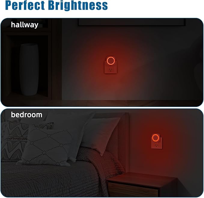 Red Night Lights Plug into Wall, 4 Packs Dimmable Night Light with Dust to Dawn Sensor, Automatically Turn on and Off, Gentle Glow Nightlight for Bathroom,Bedroom,Stairs,Kitchen,Hallway, Red