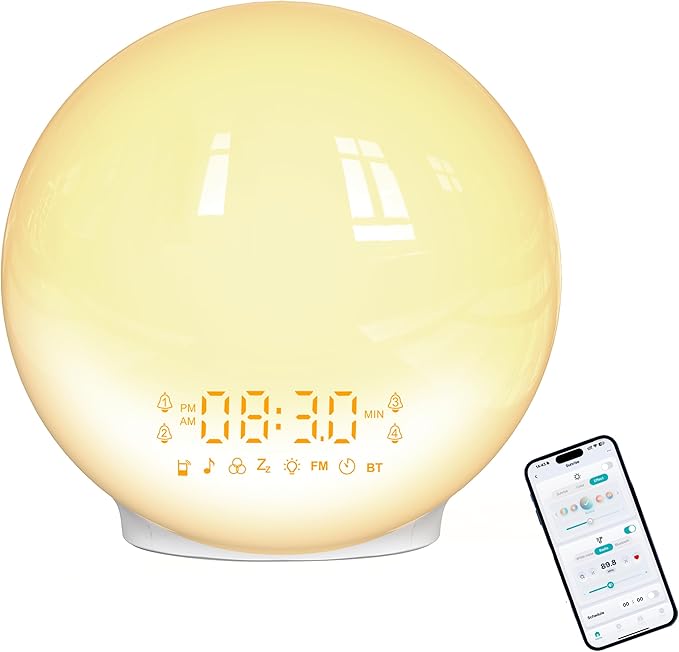 Smart Sunrise Alarm Clock with No Signup APP Control & Wake-Up Light, 4 Alarms, White Noise, FM Radio, Wireless Speaker, White