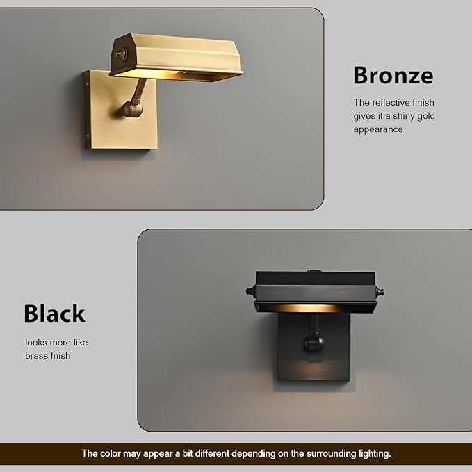 Brass Picture Light Picture Lights Gold Retro Art Light Vintage Picture Frame Lights E26 Bulb (Black, 8 in)