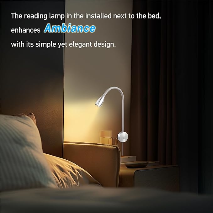 acegoo Bedside LED Reading Light Flexible Wall Lamp with USB Charger, Headboard Wall Surface Mount Dimmable Book Light, with Plug-in Power Adapter (Nickel Finish)