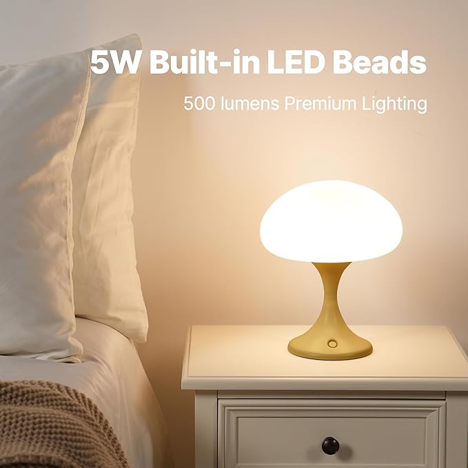 Mushroom Lamp, 5W LED Cordless Rechargeable Table Lamp with Glass Shade, Small Retro Dimmable Touch Light with 3 Color Temps, Aesthetic Mid Century Bedside Light for Bedroom Ambient, Mustard