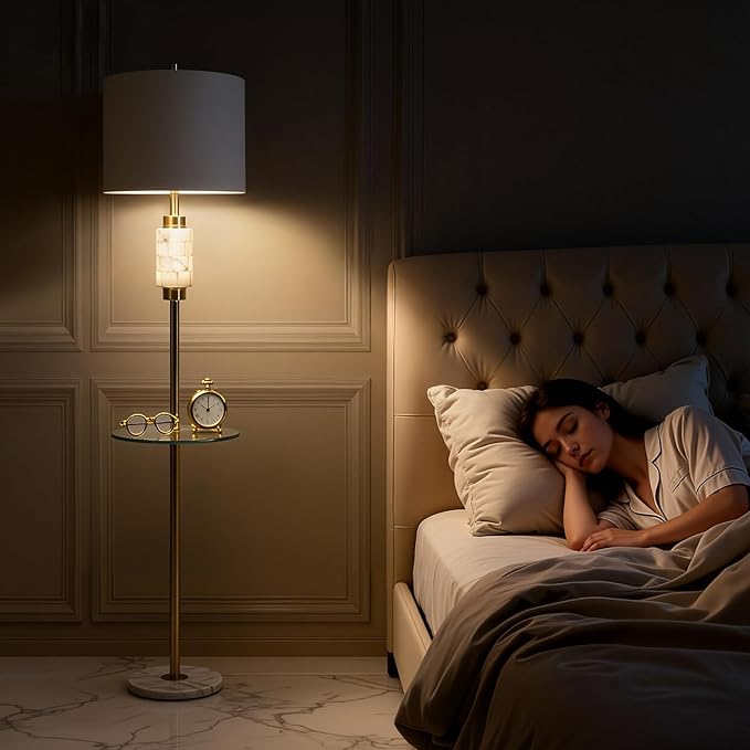 Modern Floor Lamp for Living Room with Glass Tray and Night Light, Alabaster Bedroom Lamp, Tall Lamp with Linen Shade, Marble Base Standing Lamp for Living Room,Bedroom,Office(Bulb Included)