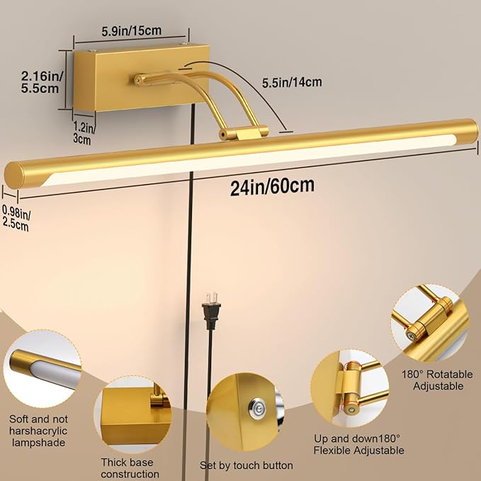 Plug in Picture Light for Wall Mural Art Light with On/Off Switch, 3000K Warm White Brightness Adjustable Gallery Painting Lights for Picture Display Dartboard Art Work (Brush Gold, 24inch)