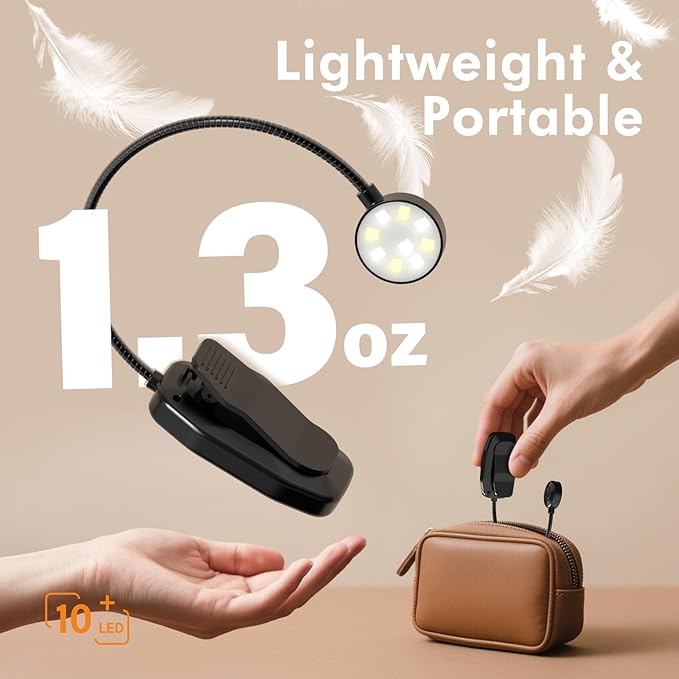 2 Pack 10 LED Rechargeable Book Light for Reading in Bed - Eye Caring 3 Color Temperatures, 3 Adjustable Brightness, Long Runtime Small Lightweight Clip On Book Reading Light for Studying