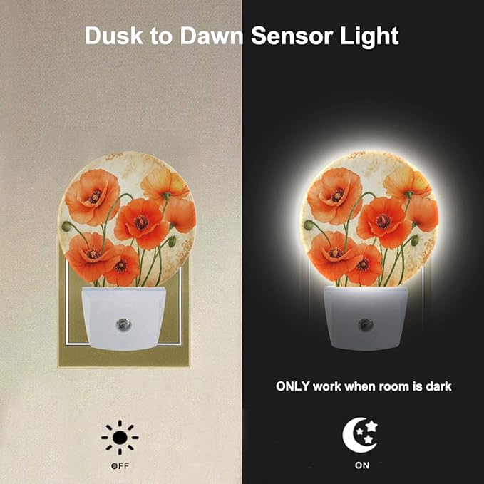 EKOBLA Floral Night Lights Plug into Wall Vintage Poppy Flower Red Orange Night Light LED Round Lamp for Boys Girls, Dusk to Dawn Sensor Nightlight for Stairway Hallway Kitchen