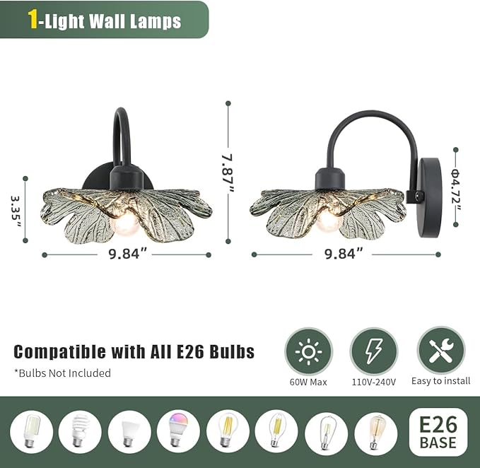 Black Bathroom Vanity Light Vintage Wall Sconce Hand Blown 1-Light Wall Lamp Bathroom Wall Sconces with Dark Green Glass Shade Black Vanity Light Over Mirror for Bedroom Hallway Living Room