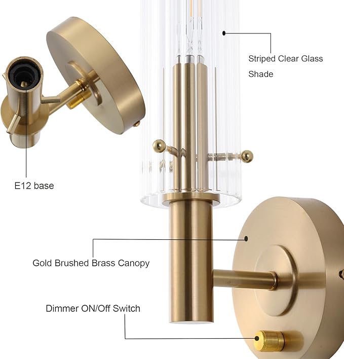 Modern Wall Sconces with Dimmer ON/Off Switch Gold Brushed Brass Bathroom Vanity Light Fixtures Striped Clear Glass Shades Indoor Wall Light for Mirror Living Room Bedroom Hallway Staircase
