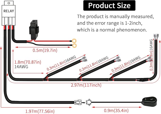 LED Lights Bar Wiring Harness Kit 4 Leads DC12V On-Off Switch Power Relay Blade Fuse 14AWG Core Cable Wiring Harness Kit fit for LED Driving Lights Bar Work Auxiliary Lights