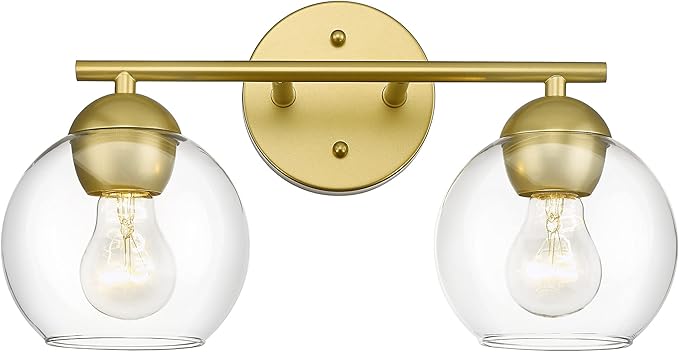 Emak 2-Light Gold Bathroom Light Fixtures Over Mirror, Globe Bathroom Vanity Light with Clear Glass Shades and Gold Finish, VL114-GD-2