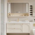 56IN Creamy White Floating Bathroom Vanities - Bathroom Vanity with Open Style Storage Shelf | Intelligent Mirror with Time Display has Defogging & Lighting, Water Blocking Edge, 2 Drawers (Style A)