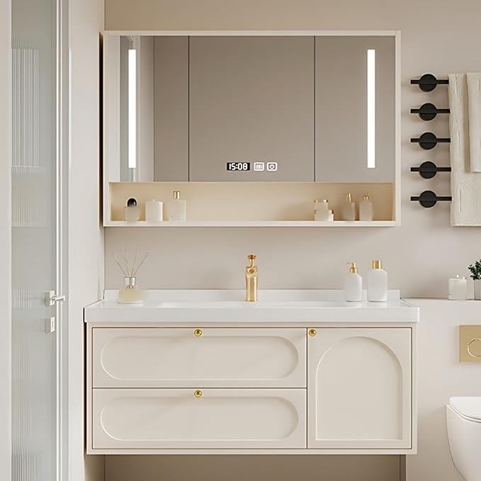 52IN Creamy White Floating Bathroom Vanities - Bathroom Vanity with Open Style Storage Shelf | Intelligent Mirror with Time Display has Defogging & Lighting, Water Blocking Edge, 2 Drawers (Style A)