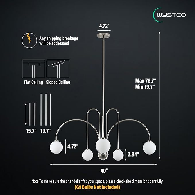 Modern Sputnik Globe Chandelier, 6-Light Nickel Linear Chandeliers for Dining Room and Kitchen Island, Mid Century Light Fixture Over Table, (Milk White Glass Bubble Shades, 40 Inch)