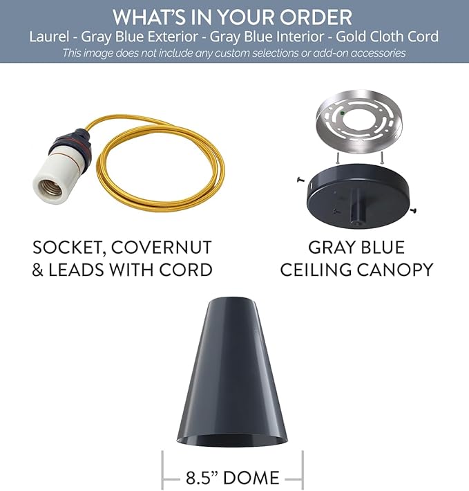 Steel Lighting Co. Laurel Pendant Light | Ceiling Mounted | 8.5 inch Cone Shade | Modern Contemporary Farmhouse Style Made in America | Gold Cloth Cord | Gray Blue Exterior/Gray Blue Interior