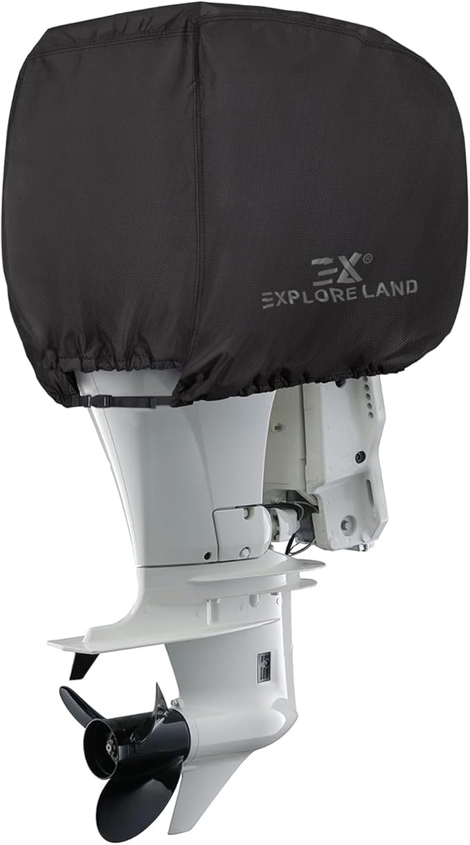 Explore Land Outboard Motor Cover - Waterproof 600D Heavy Duty Boat Engine Hood Covers - Fit for Motor 50-115 HP, Black