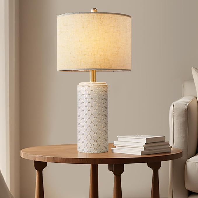 23" Ceramic Table Lamp Set of 2, Modern Farmhouse Bedside Lamps for Bedroom, White Nightstand Lamps for Living Room, Rustic End Table Desk Lamps with Rocker Switch, Home Office Décor