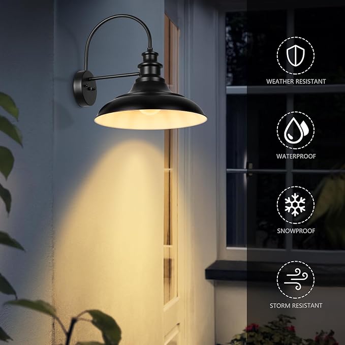 Dusk to Dawn Sensor Outdoor Barn Light Fixtures, 16 Inch Dome Farmhouse Outdoor Wall Sconces, Rustic Exterior Wall Mount Lights, Industrial Black White Lanterns for Porch, 2 Pack