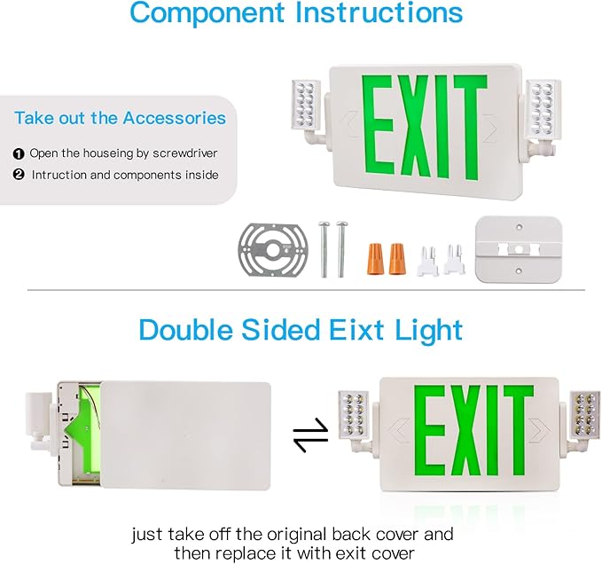 6 Pack Led Green EXIT Sign with Emergency Lighting with Battery Backup&Adjustable Two Head-US Standard-Hardwired-Exit Sign-120VAC-277VAC for Home Power Failure