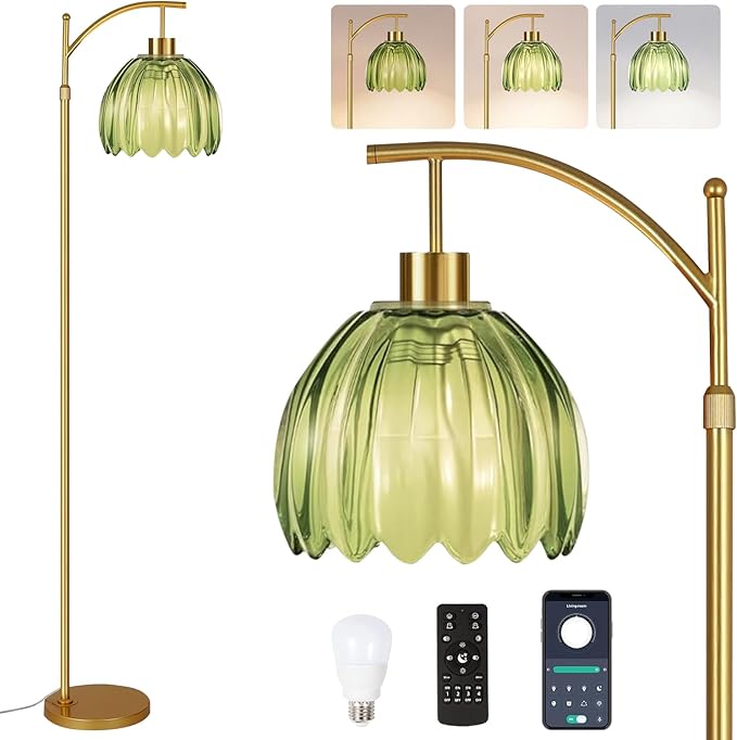 Green Floor Lamp for Living Room,Bedroom,Gold Dimmable Standing Lamp with Remote,Mid Century Modern Brass Tall Lamp Boho Floor Lamps Arc Stained Glass Flower Light Bohemian