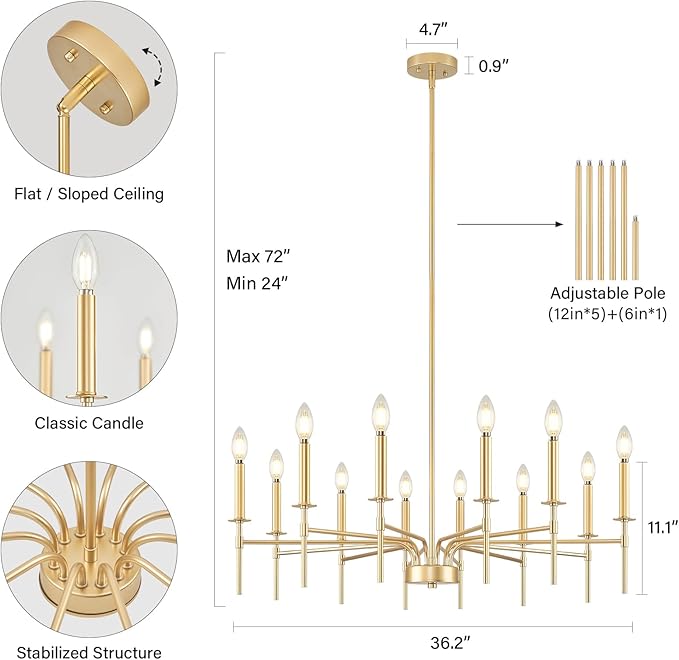 Modern Farmhouse Gold Chandeliers for Dining Room Light Fixture, 12-Light Metal Candle Chandeliers Lighting for Foyer Living Room Staircase Entryway Bedroom