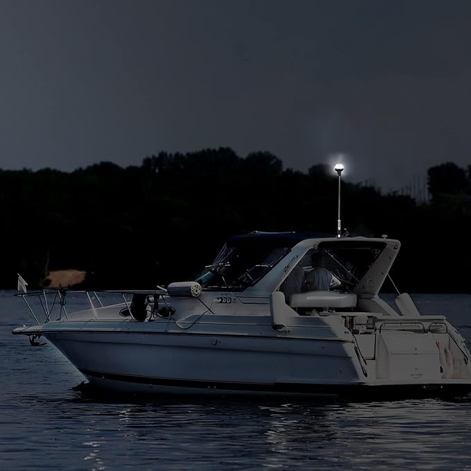 Boat Stern Light Anchor Light LED Marine Navigation Lights Spring Flexible Pole All Round White USCG 2 NM Removable 2 Pin Plug In with Threaded Base 12 Volts 36 Inches (Glass Fiber Pole)