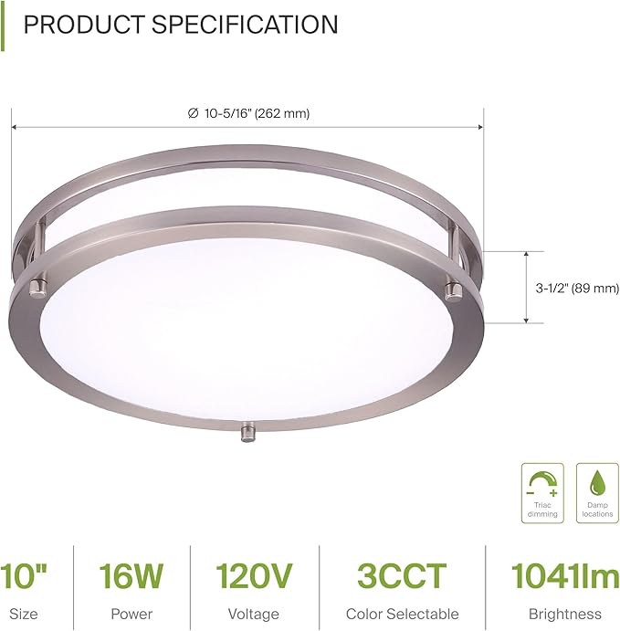 ASD LED 10" Round Flush Mount Lighting, Close to Ceiling Light Fixture | 3CCT, Dimmable, Energy Star, ETL Listed | 16W 1050LM 3000K-5000K 120V | Low Profile Double Ring Lamp | Nickel