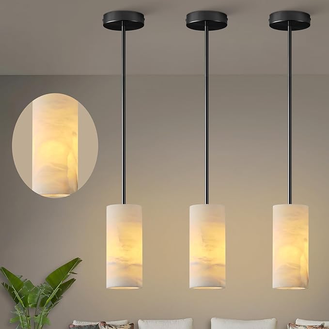 Alabaster Pendant Lights Kitchen Island, Black Hand Carved Alabaster Cylinder Pendent, Spanish Natural Marble Light Pendant for Bedroom Bathroom Dining Room Living Room- 3 PC