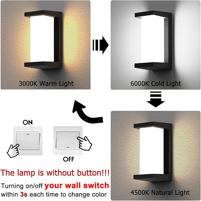 Sytmhoe Outdoor Wall Lights,2Packs 24w Exterior Light Fixture,LED Wall Sconce 3-Color-Changeable Wall Mounted Lamps,Matte Black Porch&Patio Light Outdoor,IP65 Waterproof for Hallway Stairs Gardens
