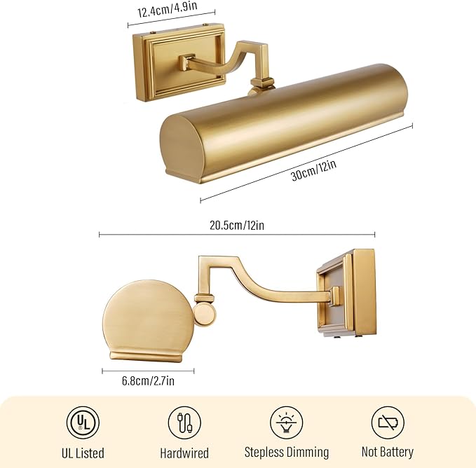 12in Brass Picture Light, 270° Rotatable Gold Wall Sconce Hardwired, 2-Light Vanity Wall Light Over Mirror, Dimmable Picture Art Light for Living Room, Bedroom & Bathroom