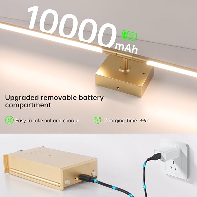 Battery Operated Wall Sconce Set of 2, 10000mAh Rechargeable Wall Sconces with Detachable Battery, Indoor 350°Rotate Wall Lights for Bedroom Living Room, Gold, 31.5 Inch