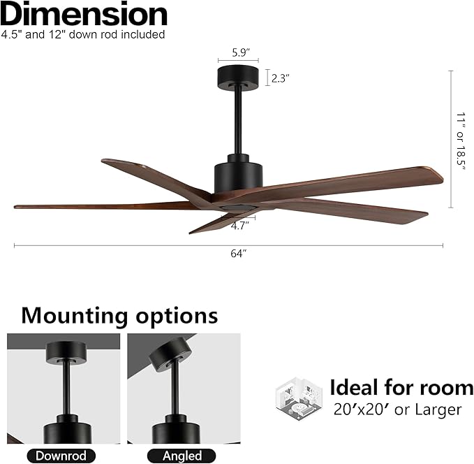WINGBO 64 Inch DC Ceiling Fan without Lights, 5 Reversible Carved Solid Wood Blades, 6-Speed Noiseless DC Motor, Ceiling Fan No Light with Remote, Matte Black Finish with Walnut Blades, ETL Listed