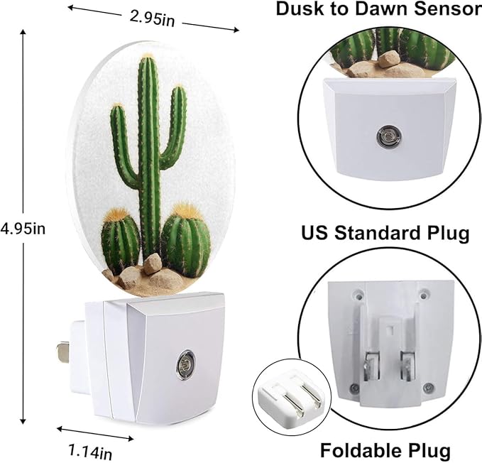 Plug-in Green Cactus Night Light Desert Cacti Night Lights Plug into Wall with Auto on/Off Sensor, 0.5W LED Nightlight for Bedroom Bathroom Kitchen Hallway